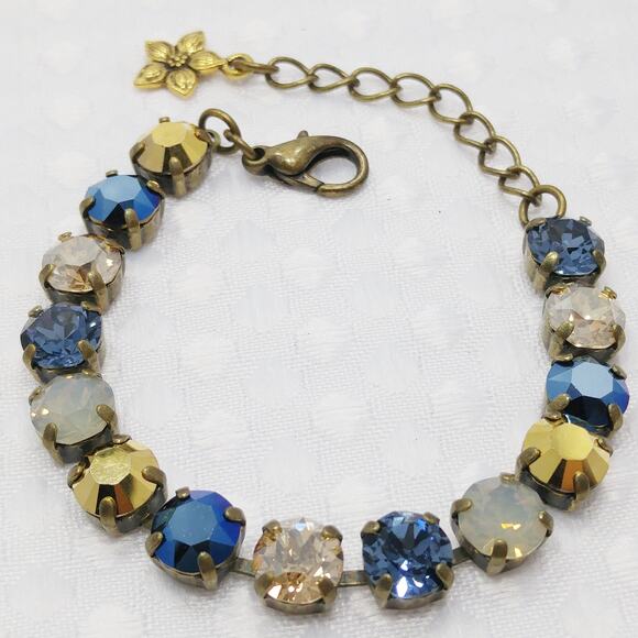 Vintage Blue Gold Crystal Rhinestone Bracelet, Prong Set, 1990s Jewelry - Picture 2 of 10